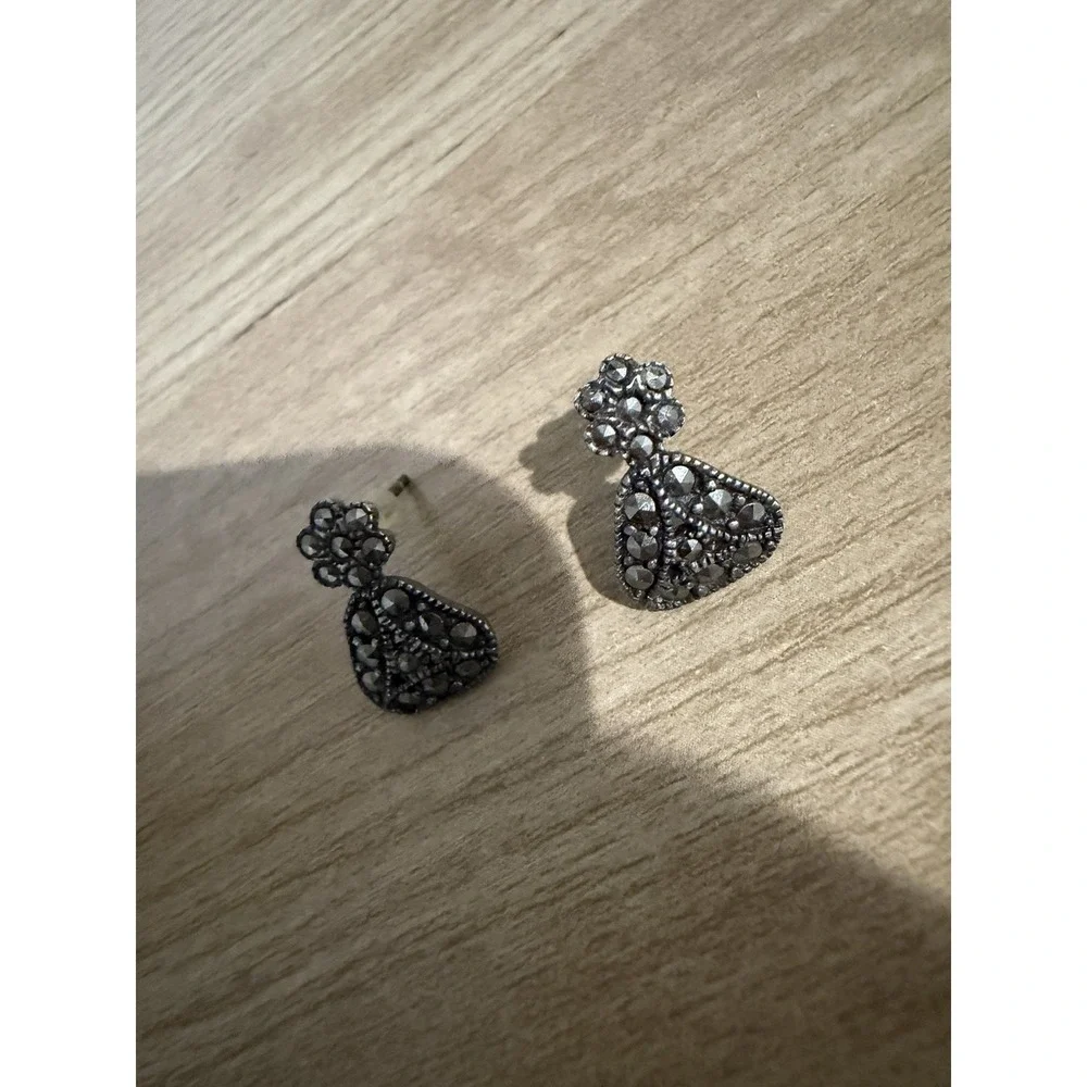 Vintage Sterling Silver 925  Marcasite Earrings Pierced Triangle Stud